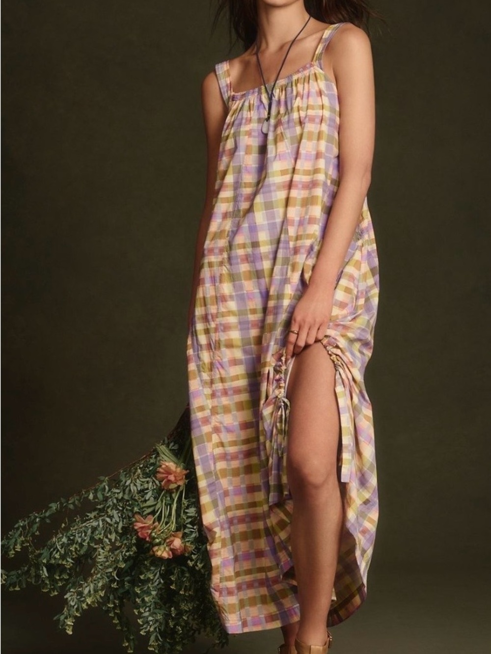 Anthropologie EVEVEST MIDI DRESS purple pink plaid XL - Picture 2 of 14
